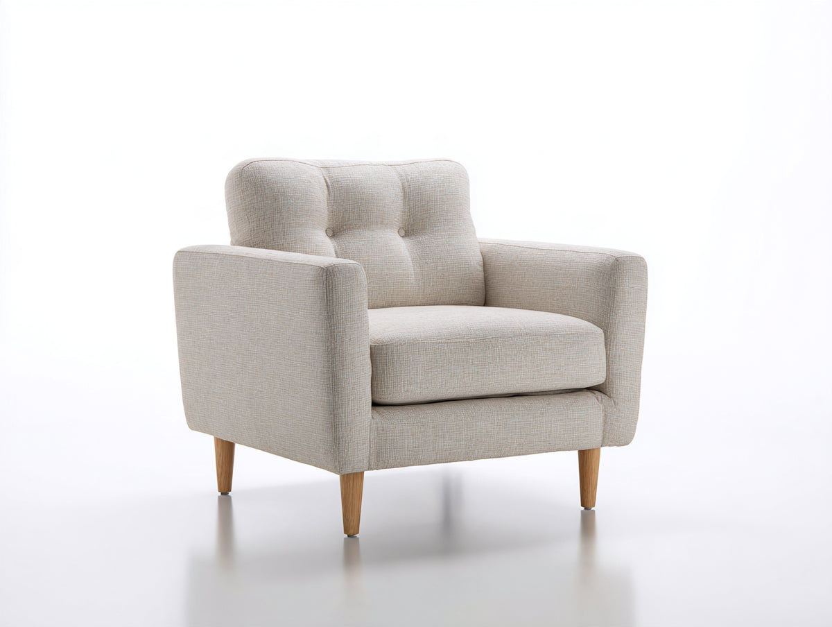 Sillón tapizado 84 x 82 x 88 cm - beige y madera natural - respaldo capitoné y diseño moderno