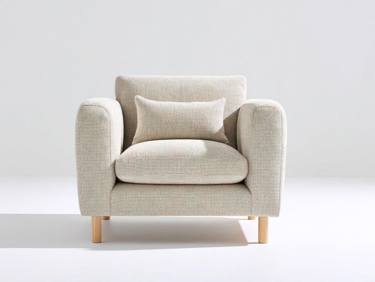 Sillón de tela 84x80x82 cm - Beige-Madera natural - Diseño moderno acolchado con reposabrazos y patas de madera