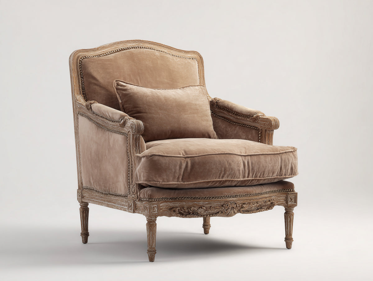 Sillón de terciopelo 92x90x98 cm - marrón claro y madera natural - diseño clásico con estructura tallada