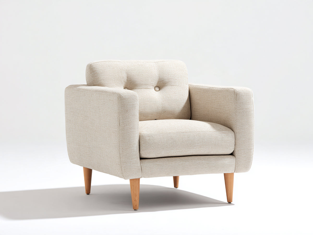 Sillón de tela 82x78x80 cm - Beige-Madera natural - Diseño moderno con respaldo capitoné y patas de madera
