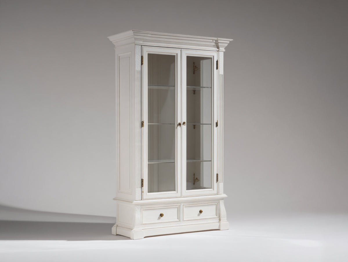 Vitrina de madera y vidrio 100x42x190 cm - Blanco-Dorado - Diseño clásico con 2 puertas y 2 cajones