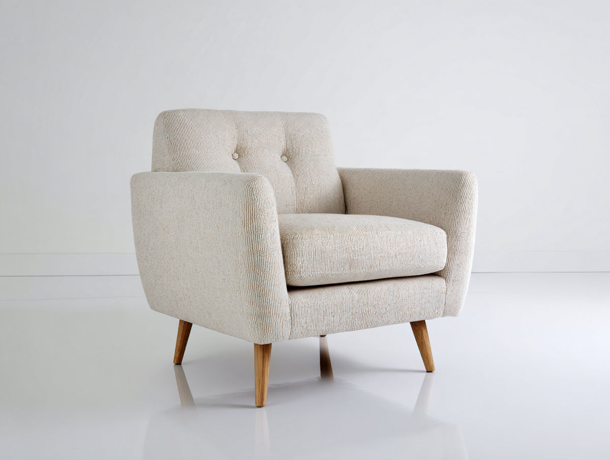 Sillón tapizado 82 x 80 x 86 cm - beige y madera natural - respaldo capitoné y diseño moderno