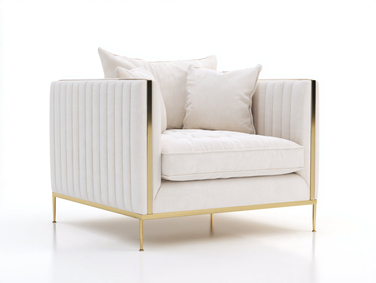 Sillón tapizado de terciopelo 105x92x88 cm - blanco crema y dorado - diseño moderno con estructura metálica