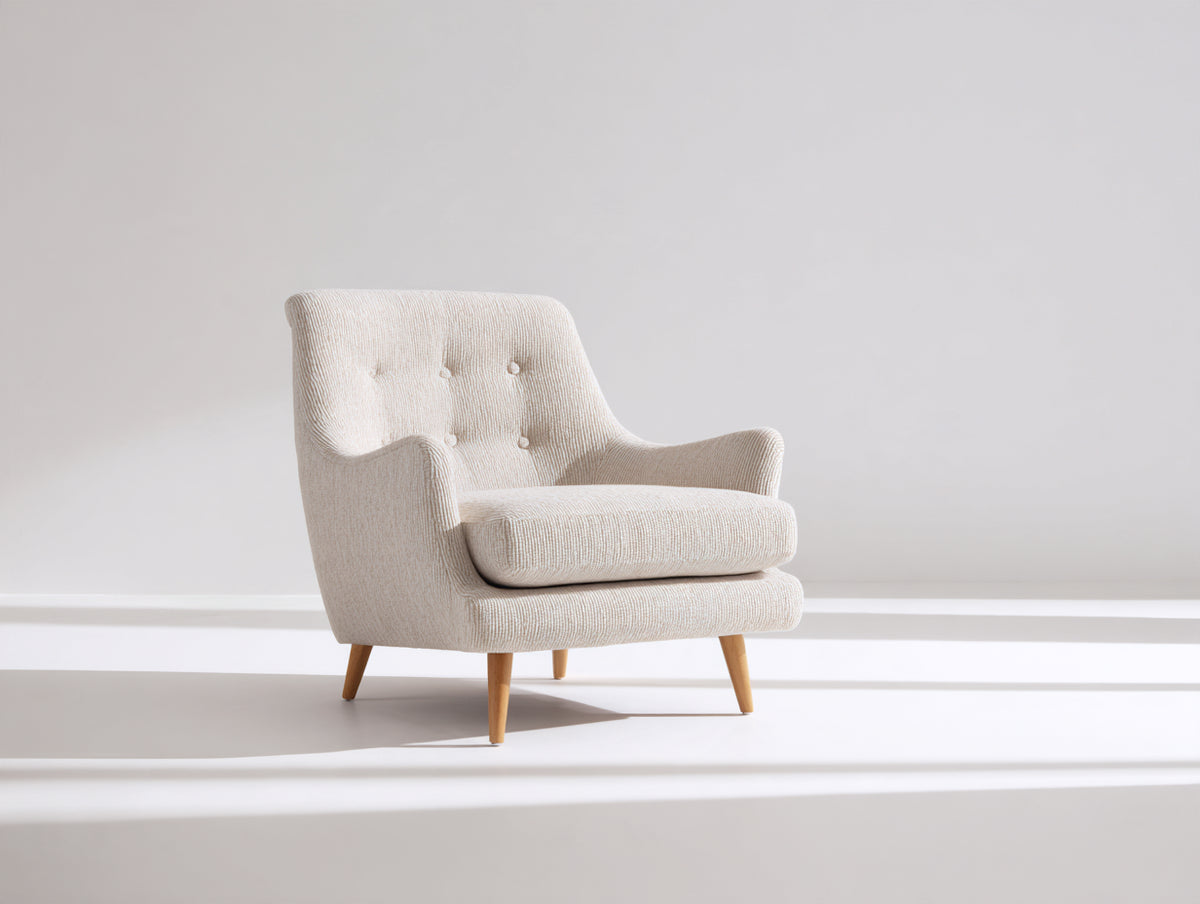 Sillón tapizado en tejido texturizado 80x82x84 cm - beige - respaldo con botones y brazos curvos de diseño moderno para salón