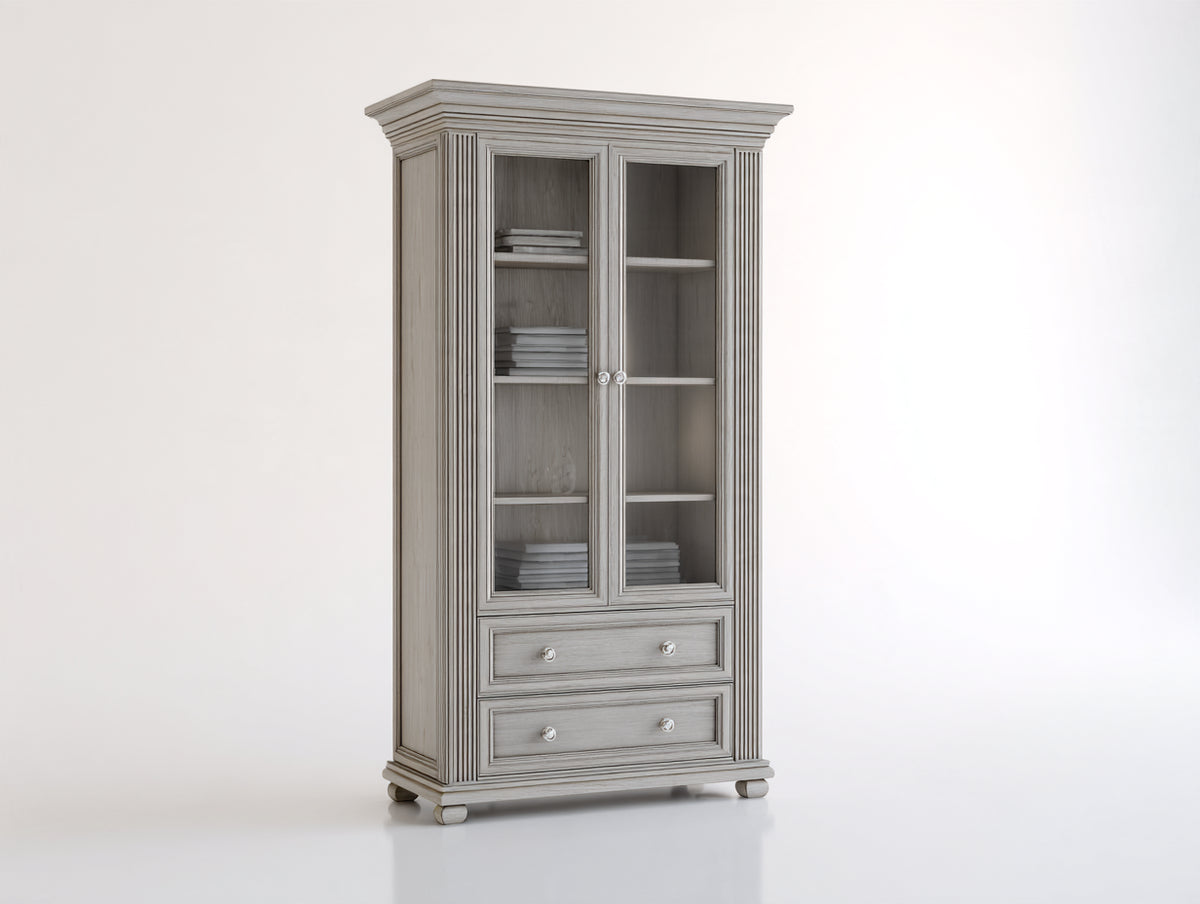 Estantería de madera con puertas de cristal y 2 cajones 100x42x190 cm - gris envejecido - diseño clásico