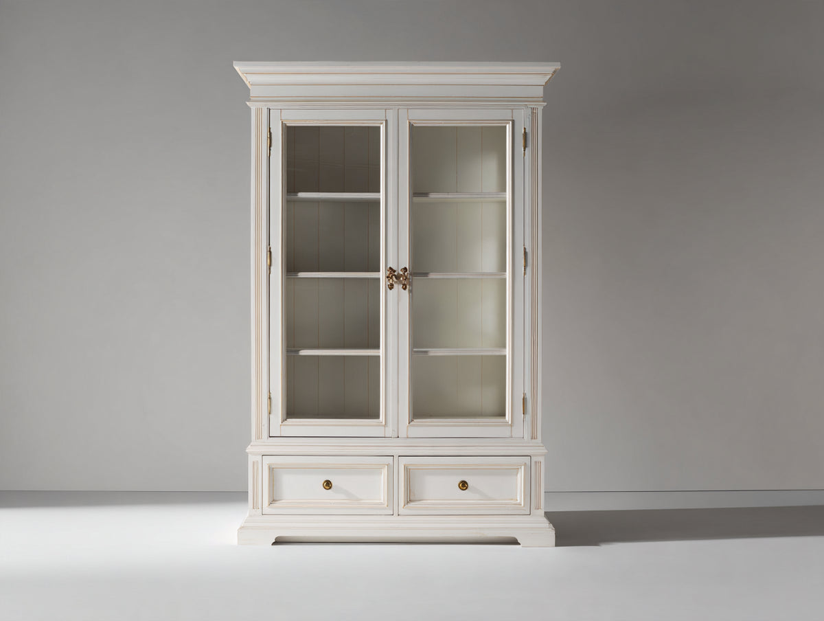 Vitrina con 2 puertas de vidrio 105 x 45 x 190 cm - blanco envejecido - 2 cajones y diseño clásico