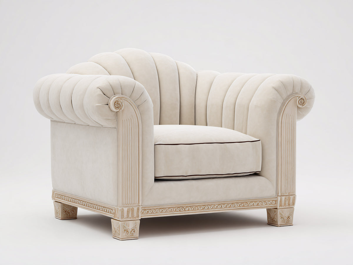 Sillón tapizado en tela 105x95x92 cm - crema y blanco envejecido - diseño clásico con respaldo acanalado y detalles tallados