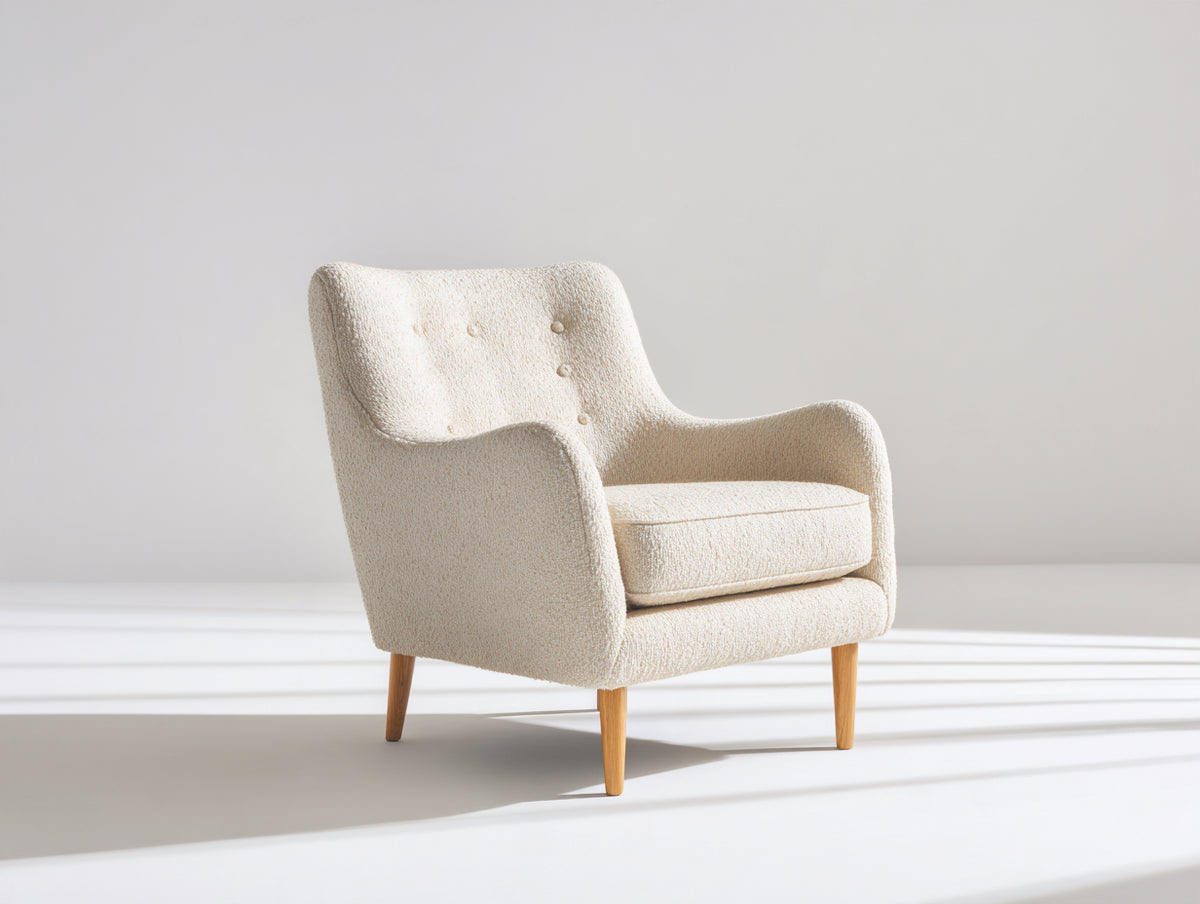 Sillón de tela bouclé 80x78x88 cm - Beige-Madera natural - Diseño moderno con respaldo abotonado y patas de madera