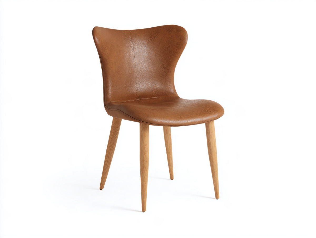 Silla de comedor tapizada efecto piel 50x56x86 cm - marrón coñac y madera natural - diseño moderno con respaldo curvado