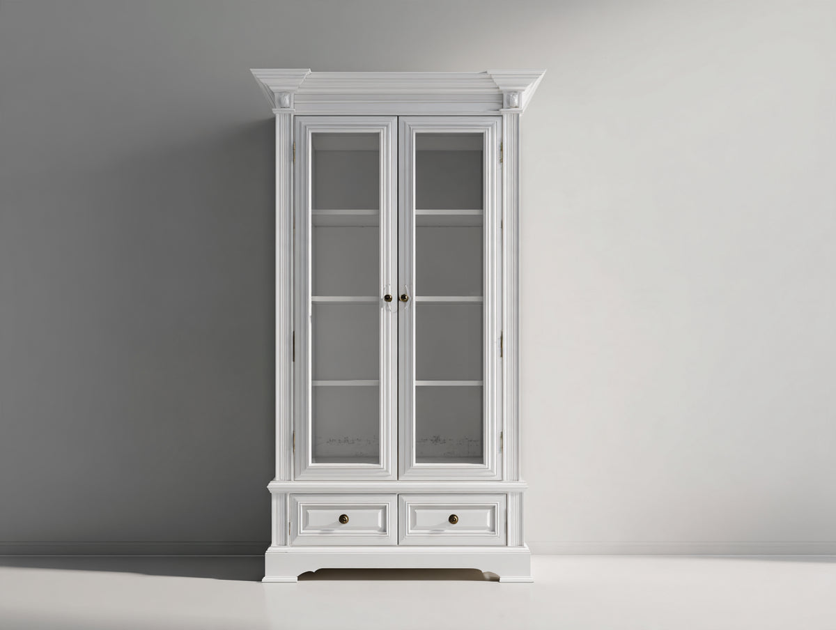 Vitrina de madera con 2 puertas de cristal y 2 cajones 105x45x195 cm - blanco - diseño clásico