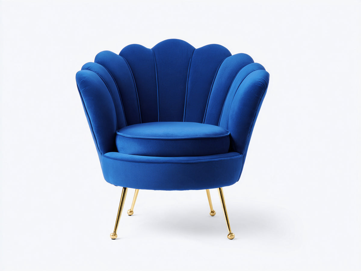 Sillón tapizado en terciopelo 86x80x88 cm - azul - respaldo envolvente con diseño de pétalos y estilo moderno para salón