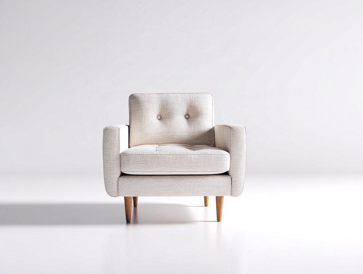 Sillón tapizado en tela 82x84x86 cm - beige y madera natural - diseño moderno con respaldo abotonado