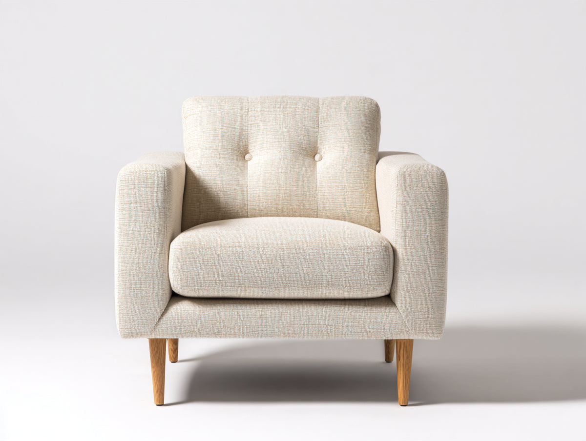 Sillón de tela 90x86x88 cm - beige y madera natural - diseño moderno con respaldo acolchado