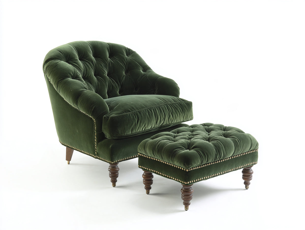 Sillón de terciopelo con reposapiés 88x92x94 cm - verde oliva y madera oscura - diseño clásico capitoné