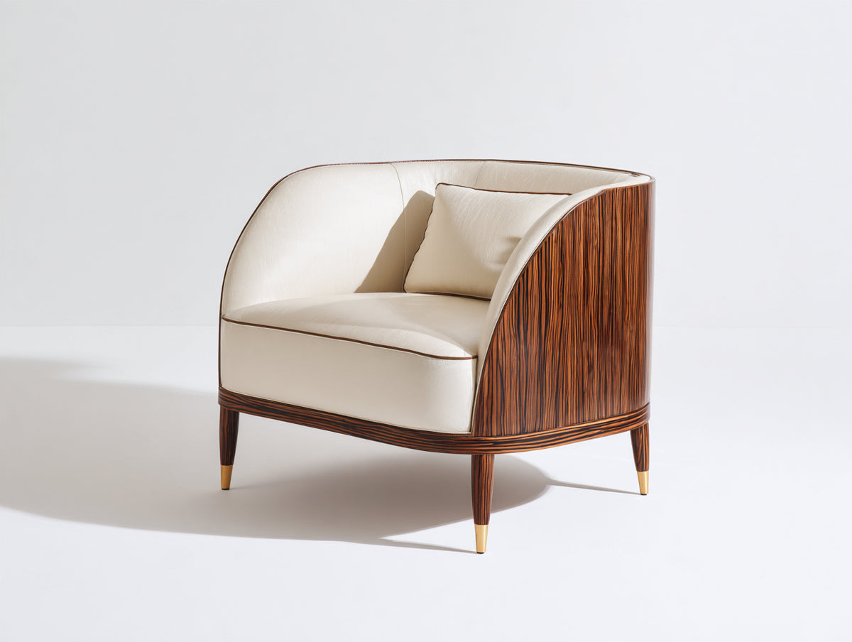Sillón tapizado en tela 88x84x82 cm - crema y madera oscura - diseño envolvente moderno con detalles dorados