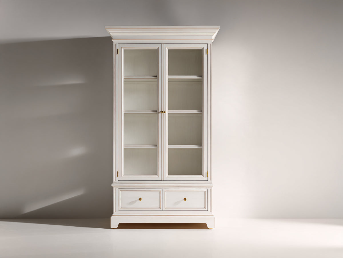 Vitrina con 2 puertas de vidrio y 2 cajones 105x45x200 cm - blanco crema - diseño clásico para exposición y almacenamiento