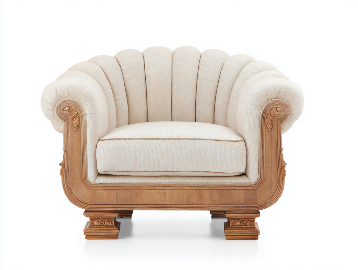 Sillón tapizado 98 x 88 x 90 cm - crema y madera natural - respaldo acanalado y estructura tallada clásica