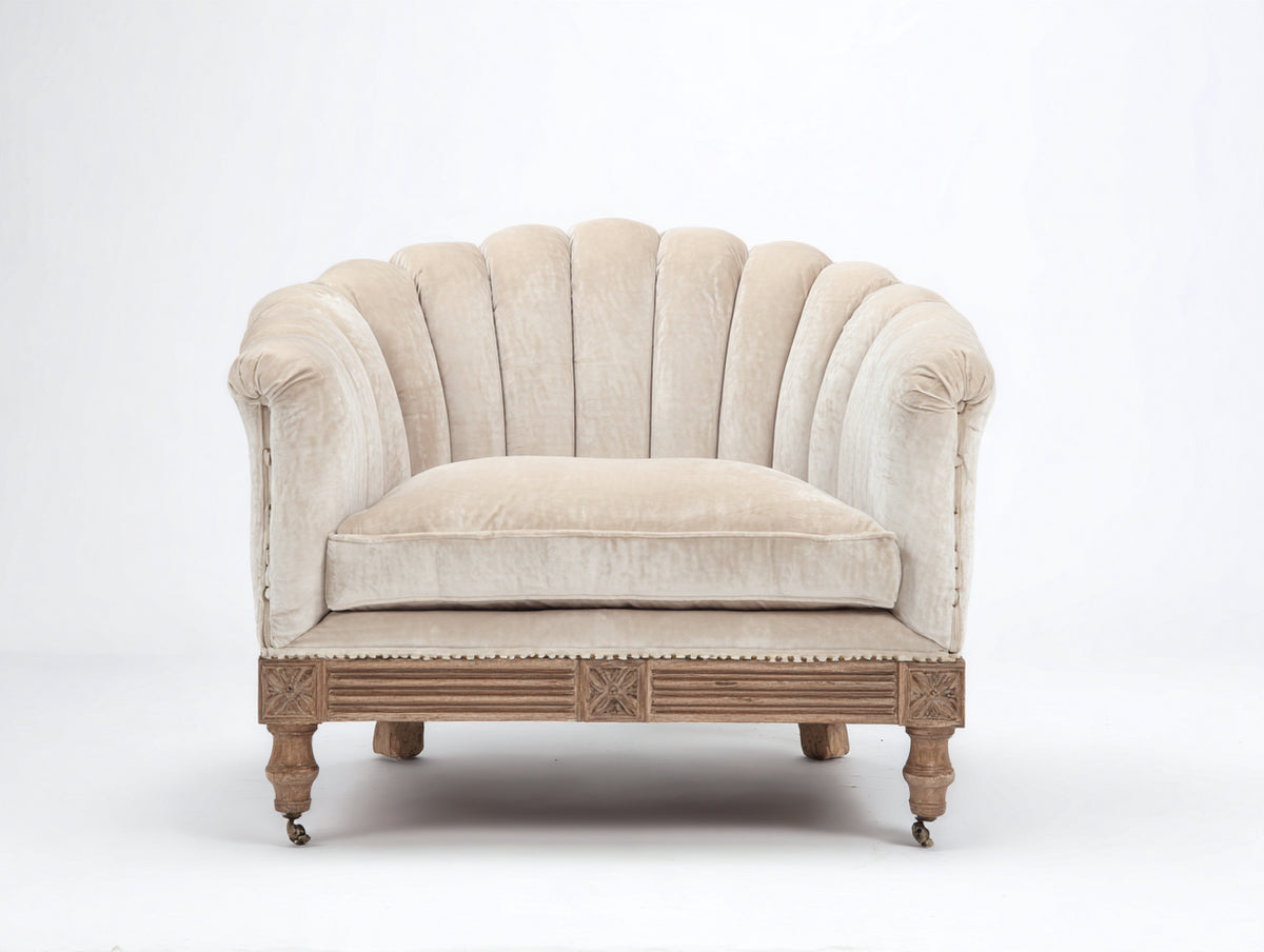 Sillón de terciopelo 100x88x92 cm - beige y madera natural - diseño clásico con respaldo acanalado