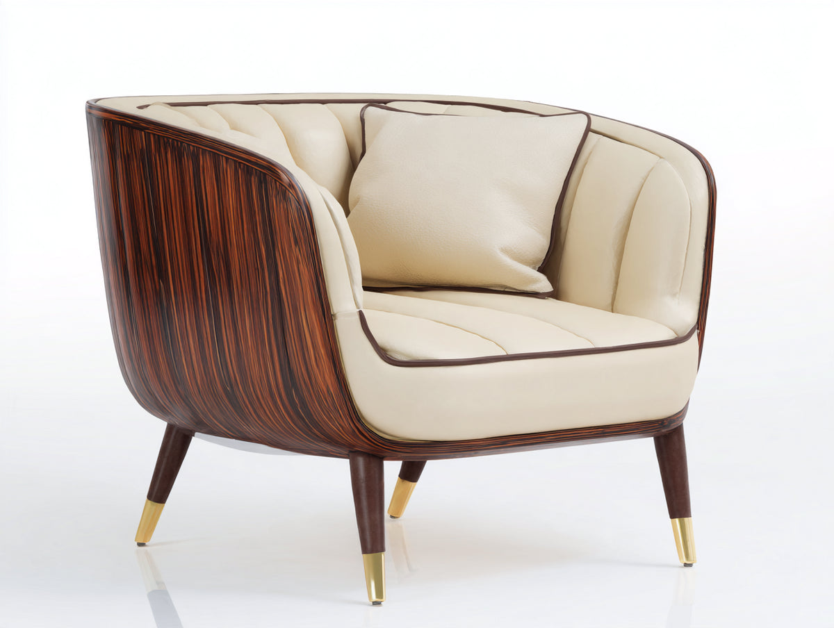 Sillón tapizado en material efecto piel 82x78x76 cm - beige-marrón - respaldo envolvente y estructura efecto madera de diseño moderno